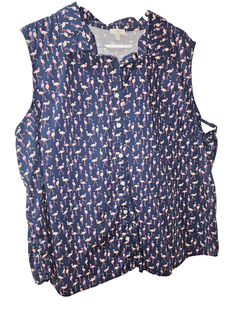 Talbot's Women's size 3X Dark blue cotton sleeveless top with pink flamingos