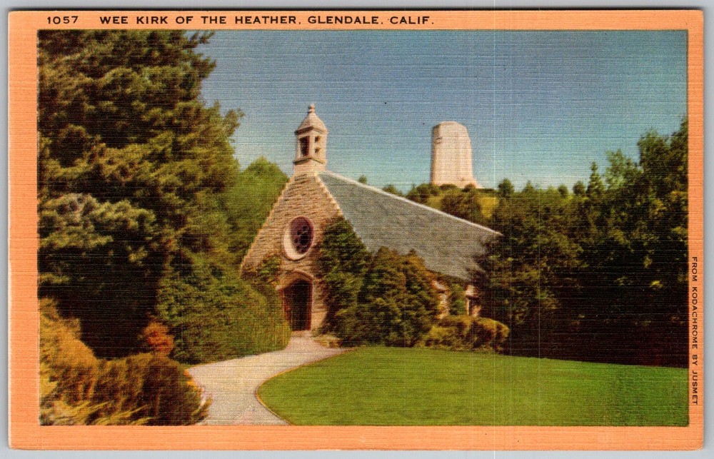 Vtg Linen Postcard Wee Kirk Replica Chapel Glendale, CA 1930s