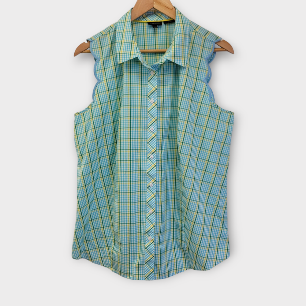 Talbots Sleeveless Button Up Top Size 16 Blue Yellow Green Plaid Scalloped Edge