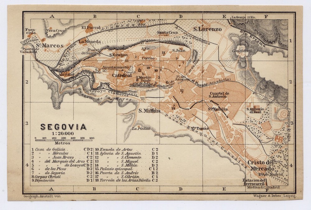 1913 Original Antique City Map Of Segovia / Castile And Leon / Spain