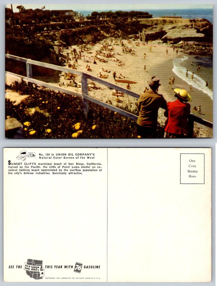 1941 Sunset Cliffs San Diego CA Beach Postcard Union Oil 76 Gasoline Ad