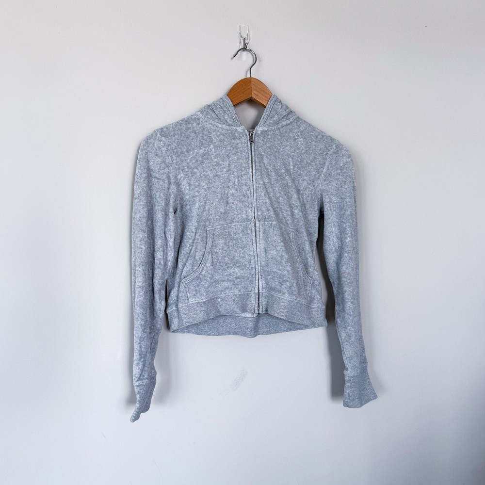 Aerie Heather Gray XS Cropped Zip Up Hoodie Jacket Velour Hooded Sweatshirt