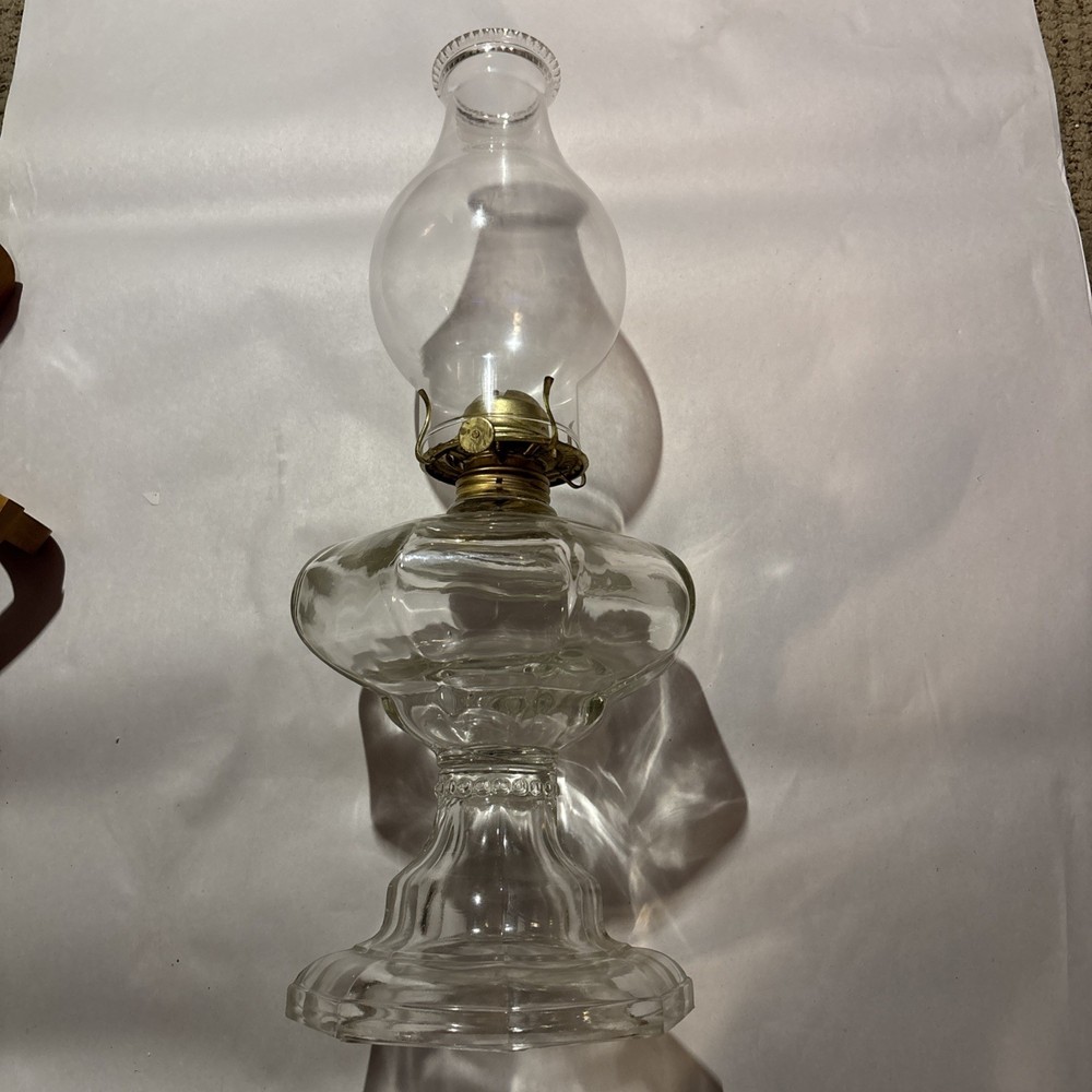 Vintage Art Deco Glass And Brass Kerosene Oil Lamp w Shade 18