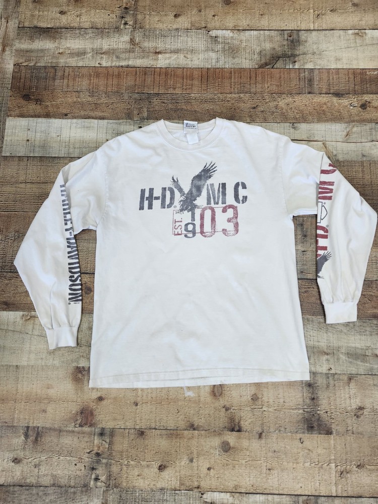 Mens Harley Davidson White Longsleeve Has Flaws Sz XL Double Sided W Sleeve Hits