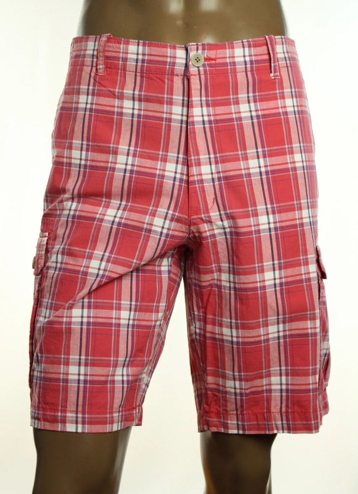 New Mens Club Room Regular Fit Flat Front Carnation Plaid Cotton Cargo Shorts 36