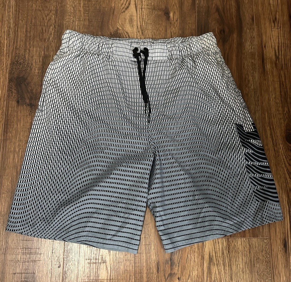 Nike Swim Black White Gray Geometric Athletic Shorts Drawstring Pockets Size M