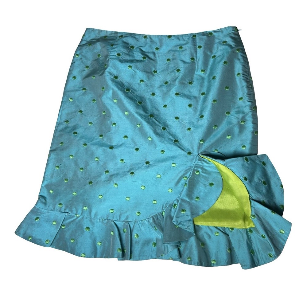 Ck Bradley Silk Taffeta Mini Skirt Sz 2 Aqua Green Ruffle Trim High Rise Dressy