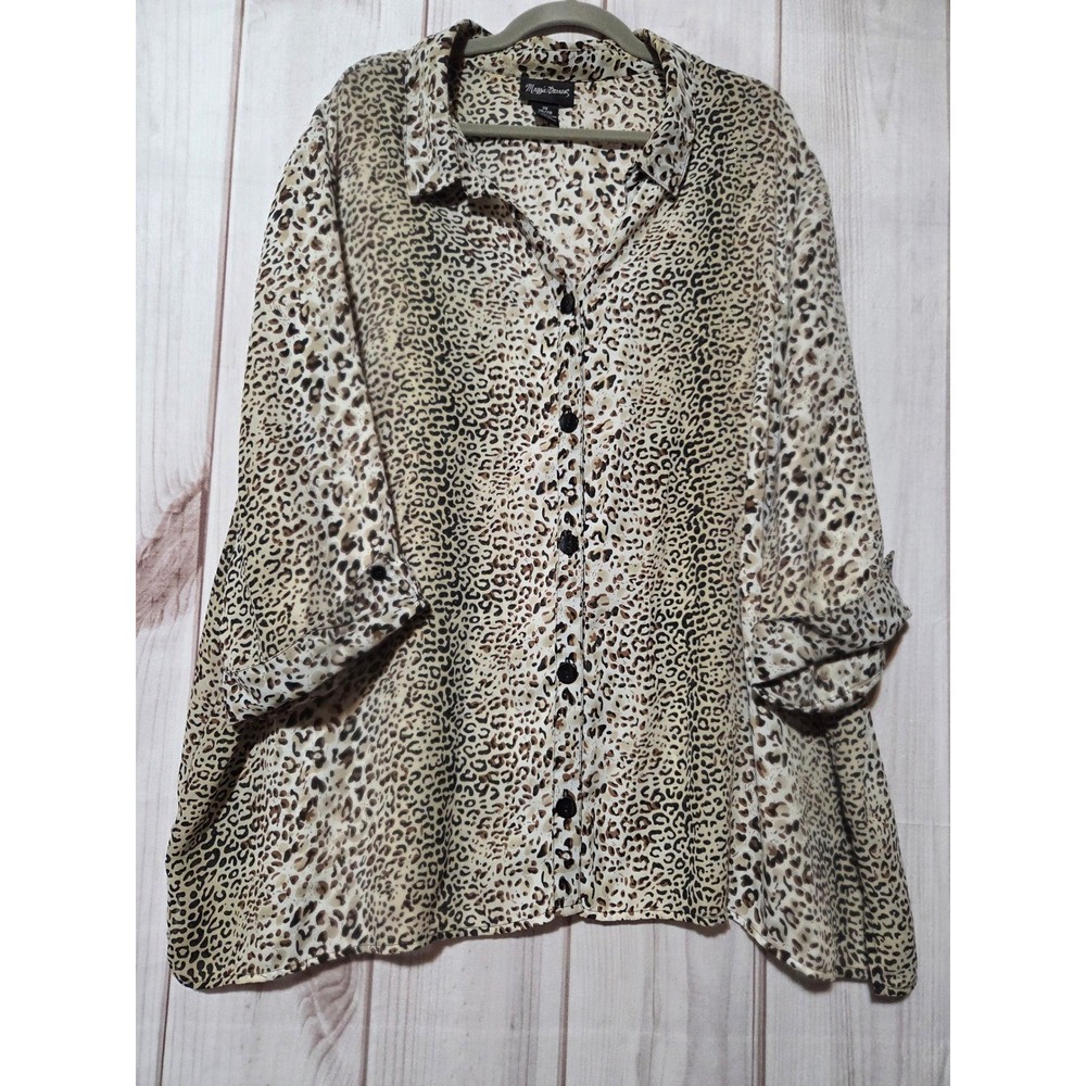 Maggie Barnes Leopard Print Chiffon Button Up Blouse Womens 3X 26/28 Brown Tan