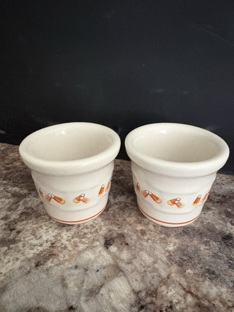 Longaberger Pottery Votive Set Candle Candy Corn Halloween USA Ivory Color