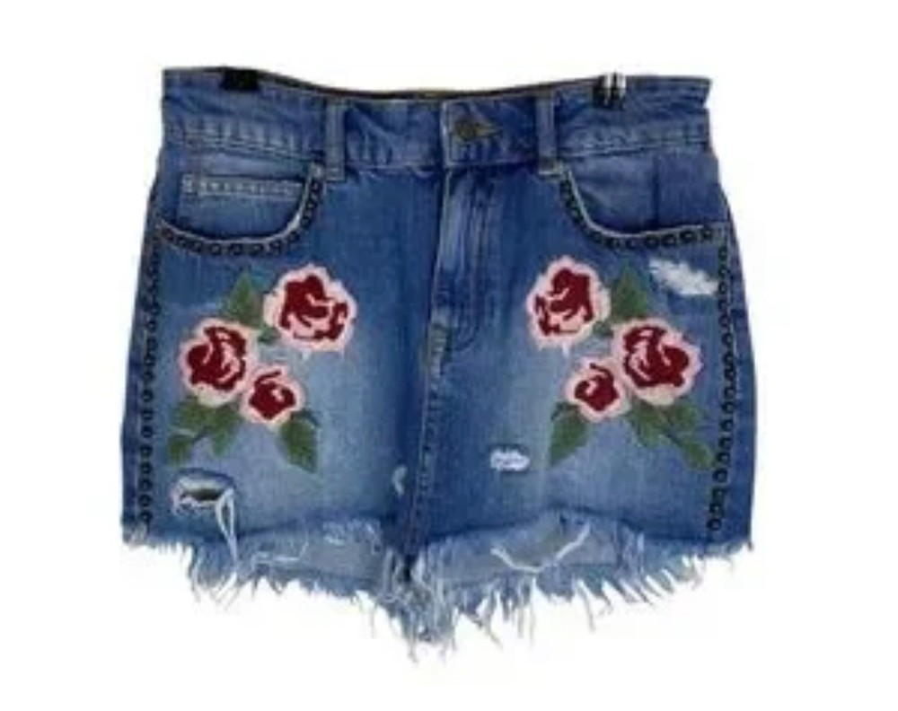FREE PEOPLE Denim Blue Jean Mini Skirt Studs Embroidered Women’s 25” Waist