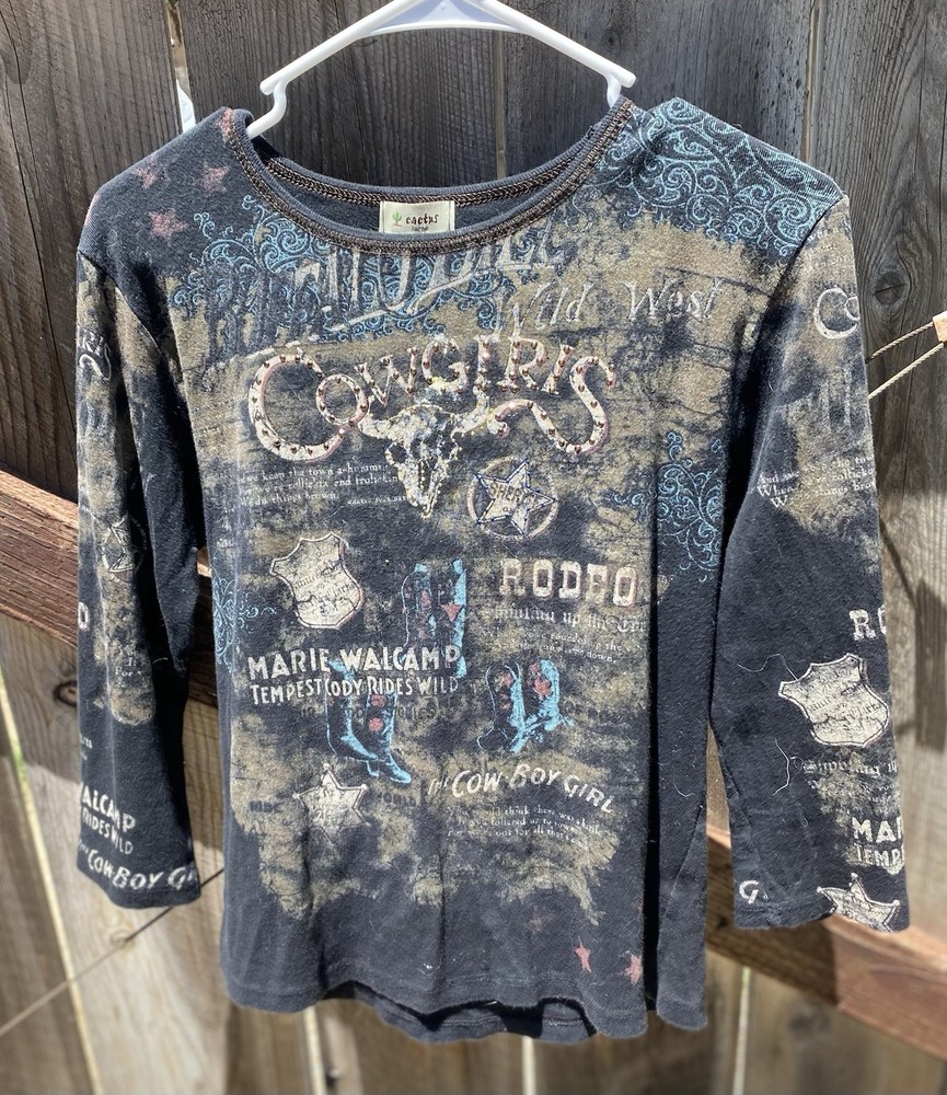 cactus Black Western Cowgirl Studded Graphic Round Neck 3/4 Sleeve T-Shirt L