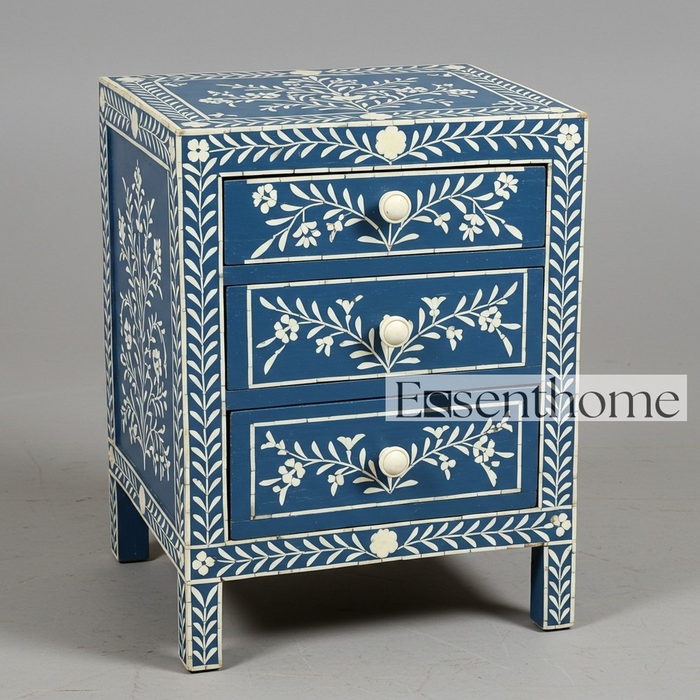Sky Blue Bone Inlay Bedside Table Floral Pattern 3 Drawer Handmade Nightstand
