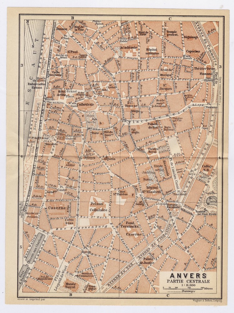 1910 Antique City Map Of Antwerp Anvers Antwerpen City Center Downtown / Belgium