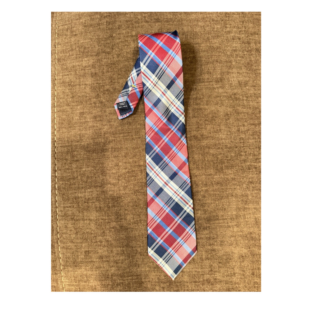 Nautica Men's Silk Tie Red Blue White Plaid Check Pointed Woven