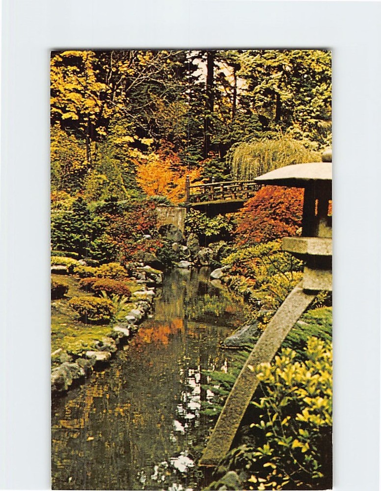 Postcard Katoji Lantern and Moonbridge Japanese Garden Portland Oregon USA