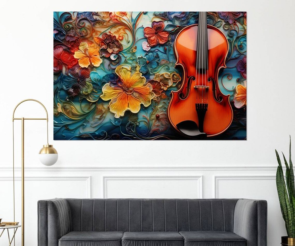 Violin in A Painting Of Colorful Flowers Wall Art Canvas Unframed Print Art