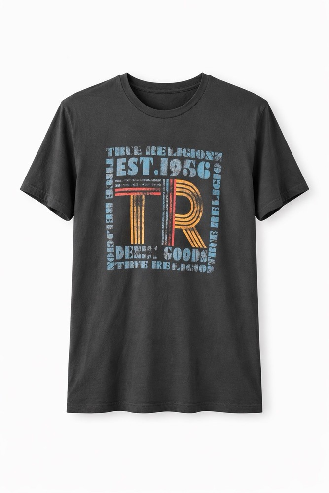 True Religion Graphic Print Men's T-Shirt Black Crew Neck Short Sleeve L