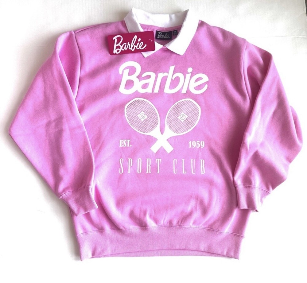 New Barbie Mock Neck Women's Sweatshirt Pink White Sz Large Preppy Sweater Pink