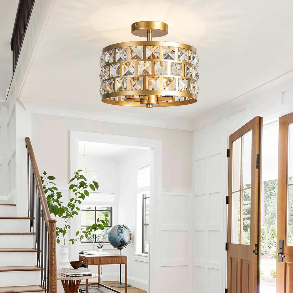 Gold Crystal Ceiling Light 4 Light Semi Flush Mount Ceiling Light Modern Dining