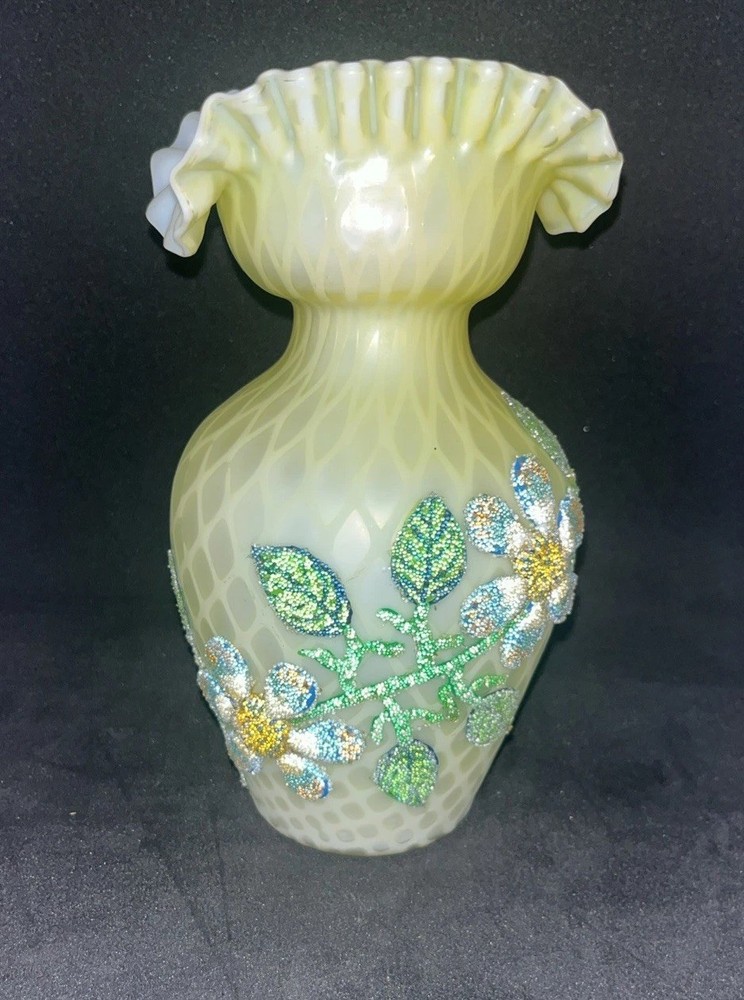 Antique Topaz Opalescent Satin Glass Ruffled Vase Beaded Floral Signed Webb