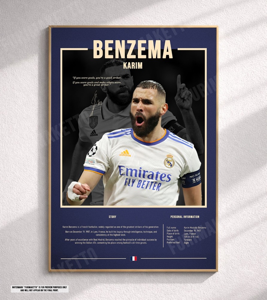 Benzema Karim - Canvas Print Poster Football Soccer Stats Bio Wall Art