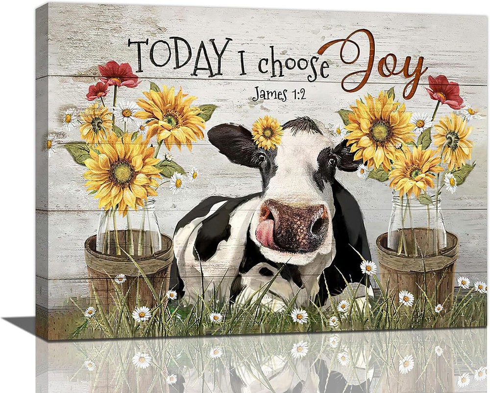 Farmhouse Cow Sunflower Daisy Decor Wall Art Rustic Country Farm Funny Cow