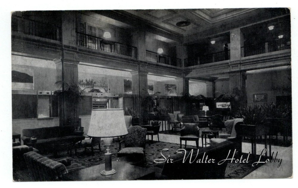 Raleigh North Carolina Sir Walter Hotel lobby interior unused vintage postcard