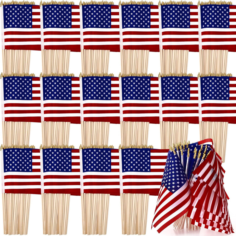 400 PCS American Flag Bulk, 8 X 12 Inches Small US on Stick Flags Bulk Mini Spea