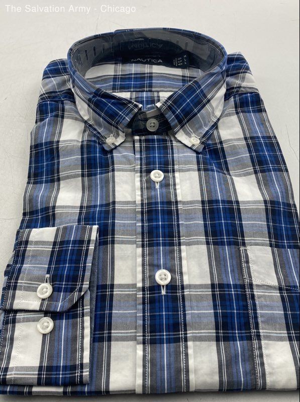 Nautica Mens Blue White Plaid Long Sleeve Collared Button-Up Shirt Size Medium