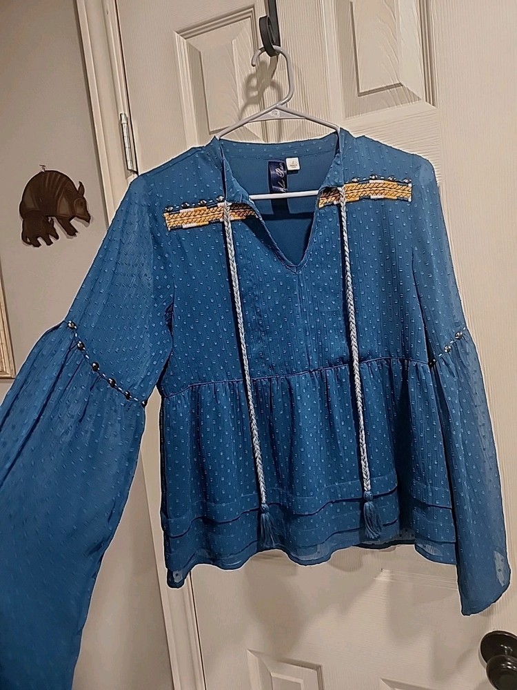 Blue Rain Women's Boho Blouse S Blue Peasant Top Tie Neck Bell Sleeve Embroidery