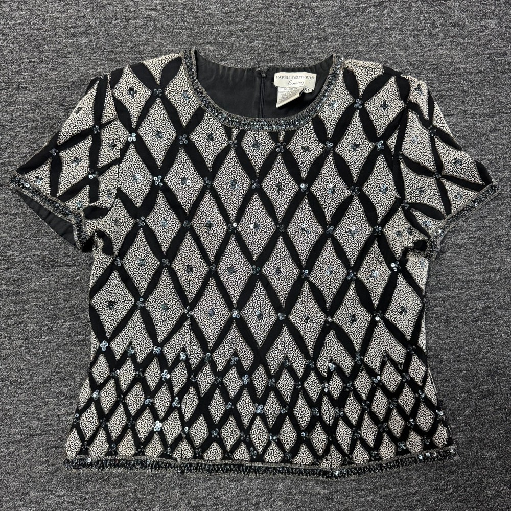 Vintage 80s Papell Boutique Evening Beaded Silk Top Shirt Blouse Sz XL Black