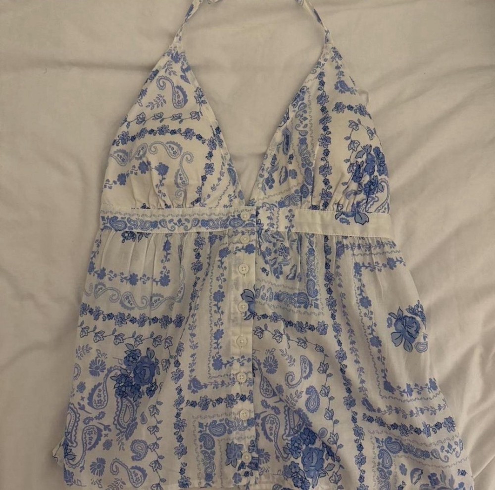 Women’s Hollister Halter Top-Small-Blue Floral Print-lined-chiffon-adjustable