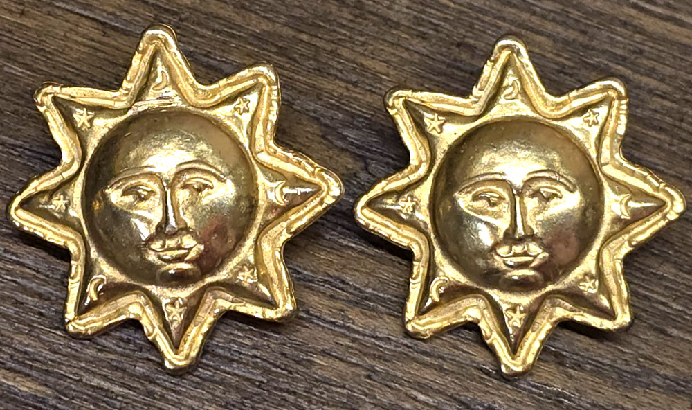 Vintage Gold Tone Sun Earrings Celestial Pierced JJ Unsigned Jonette? READ
