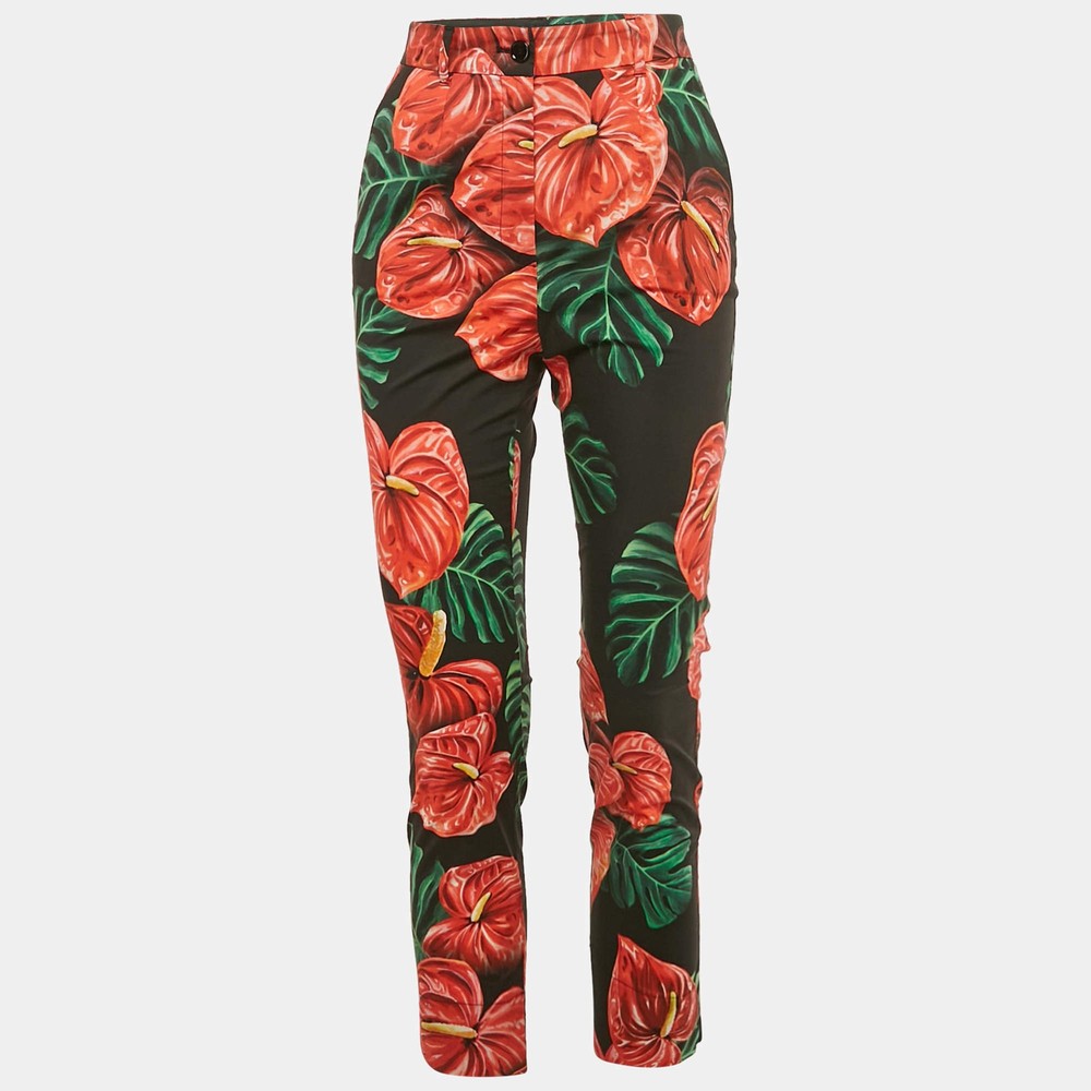 Dolce Gabbana BlackRed Anthurium Print Cotton Trousers S