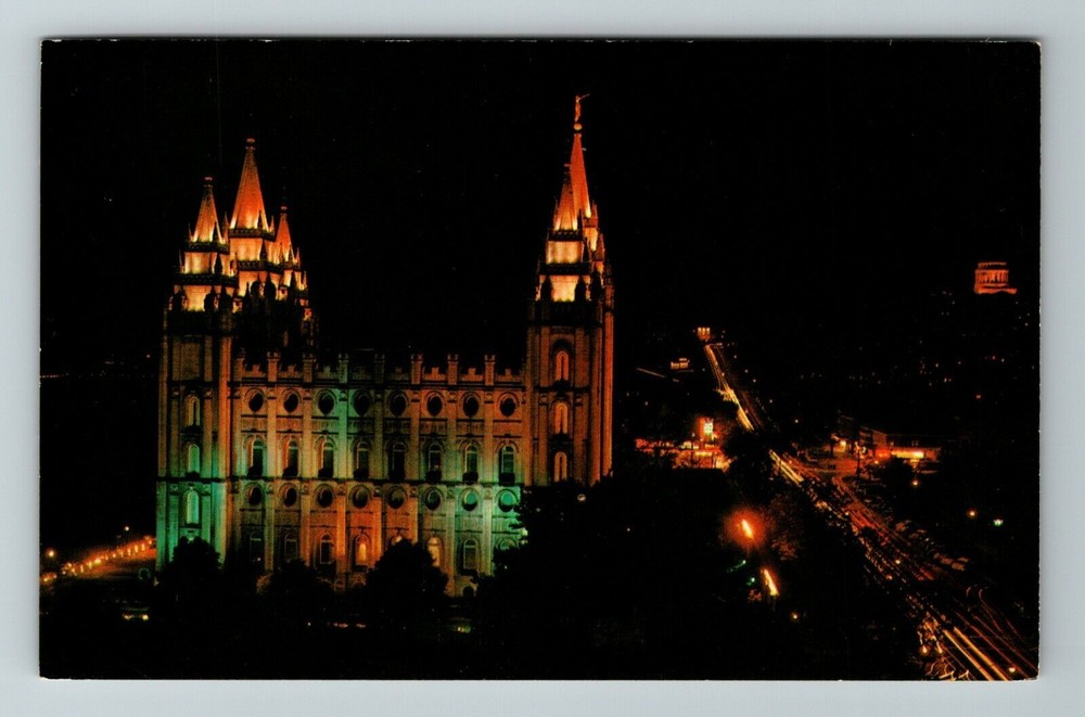 Salt Lake City UT-Utah, Mormon Temple Aerial View Night Vintage Postcard