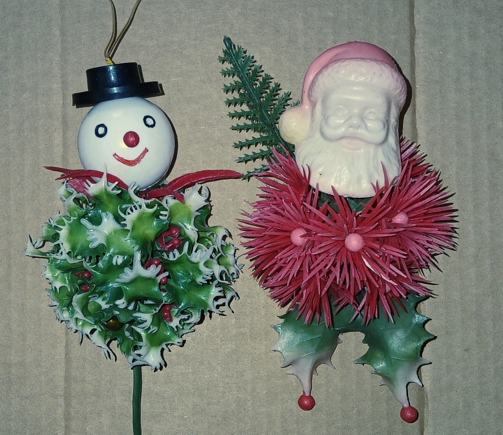 Vintage Christmas Hong Kong Santa and Snowman (2) Picks / Ornaments Vtg MCM Xmas