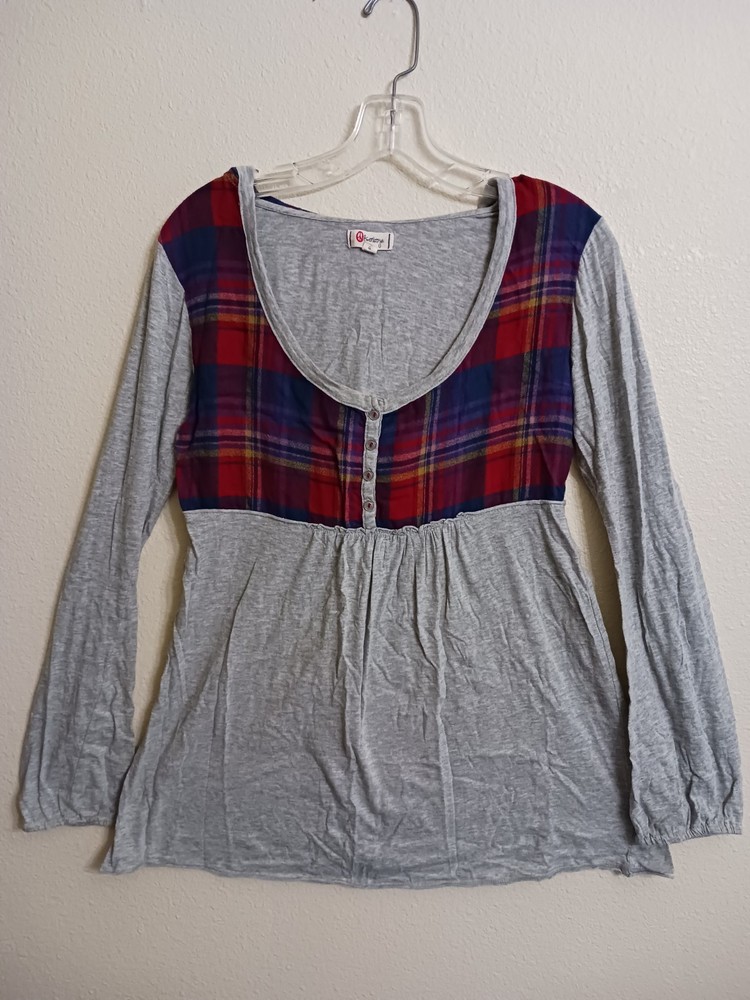 Olsenboye Womens Gray Plaid Hoodie Peasant Blouse Babydoll Y2K Style