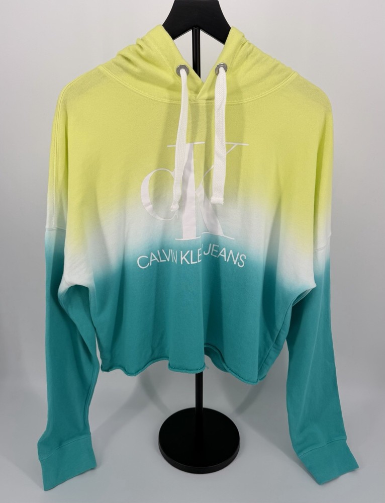 Calvin Klein Jeans Womens Cropped Hoodie Tie Dye Green Yellow M NWT