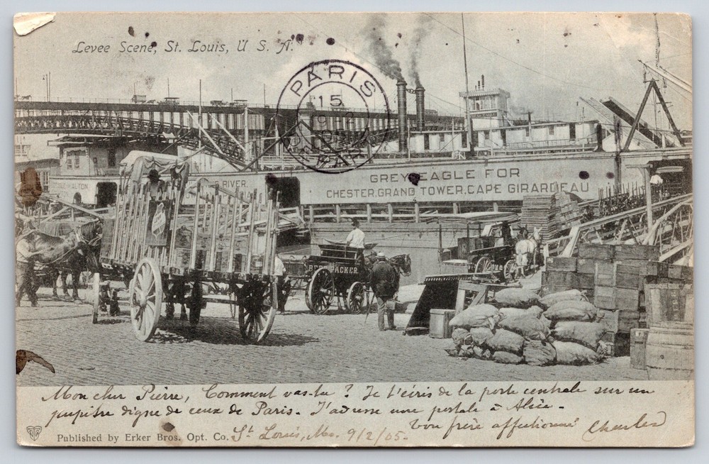 Steamship~St Louis Missouri~Levee Scene~Bridge~Grey Eagle~Carriages~1905 PC