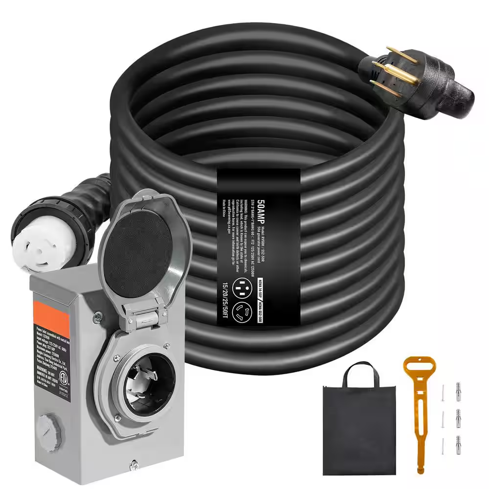 50 FT., 50 Amp 125 Volt NEMA 14-50P/SS2-50R, Twist Lock Connector Pre-Drilled In