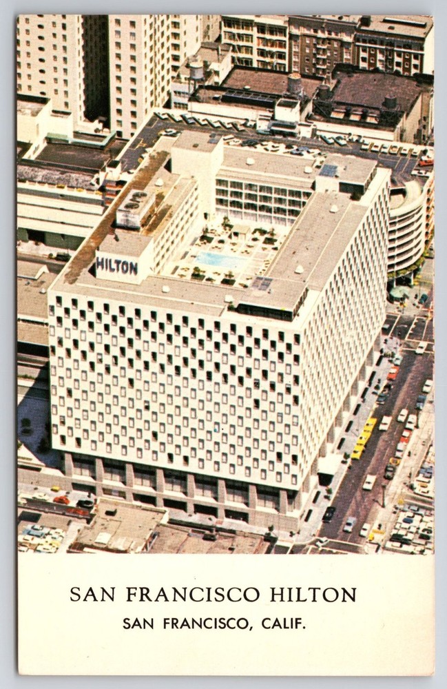 San Francisco Hilton Hotel Aerial View Postcard Vintage Plastichrome