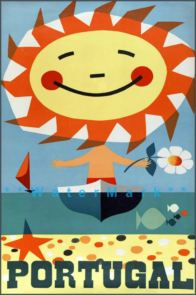 Portugal 1958 Sun Beach Ocean Travel Art Vintage Poster Print Retro Vacation Art