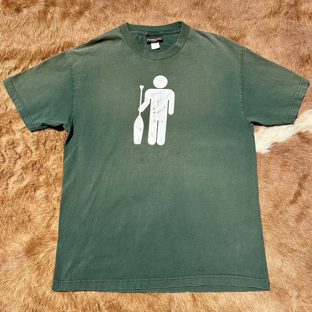 Vintage Y2K Paddle Man Faded Graphic T Shirt Green L Canoe Museum Worn Camp Fish