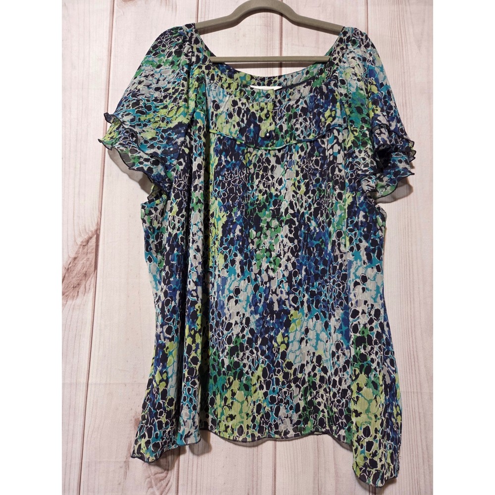 CJ Banks Women 4X Chiffon Blouse Blue Green Abstract Animal Print Flutter Sleeve