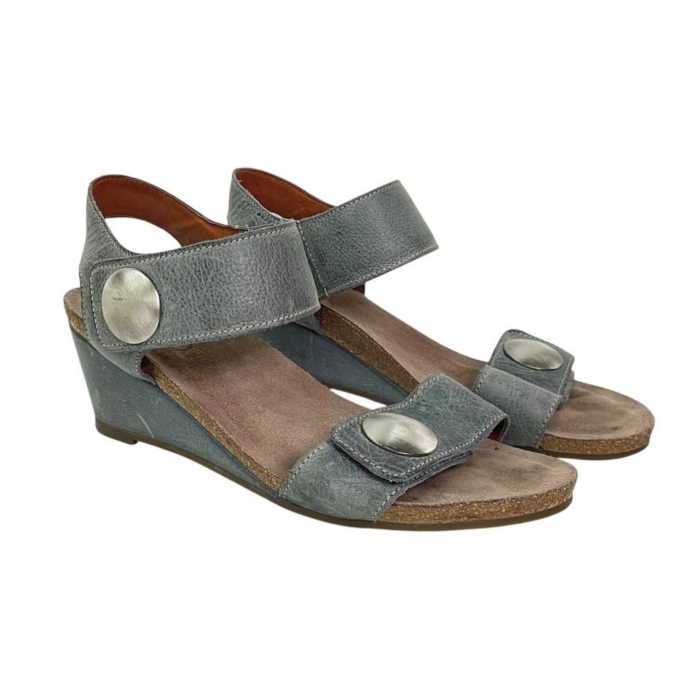 Taos Women Carousel Size 10 Gray Blue Leather Cork Wedge Comfort Sandals for Summer