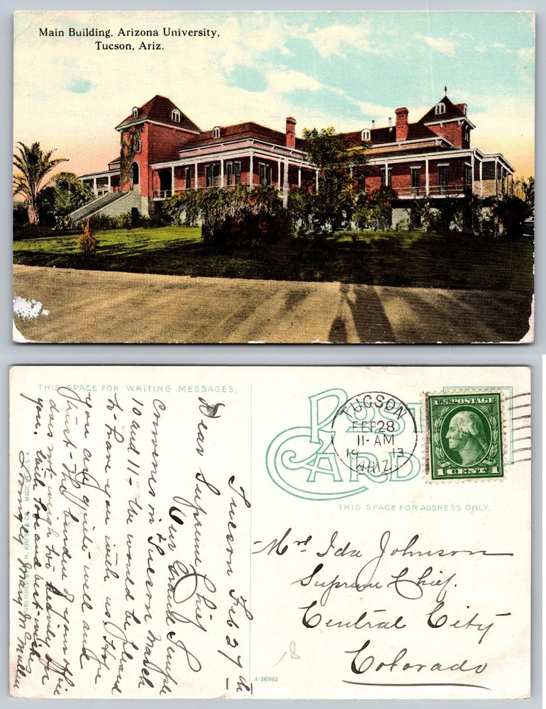 1913 Main Building University of Arizona Tucson AZ Postcard Posted