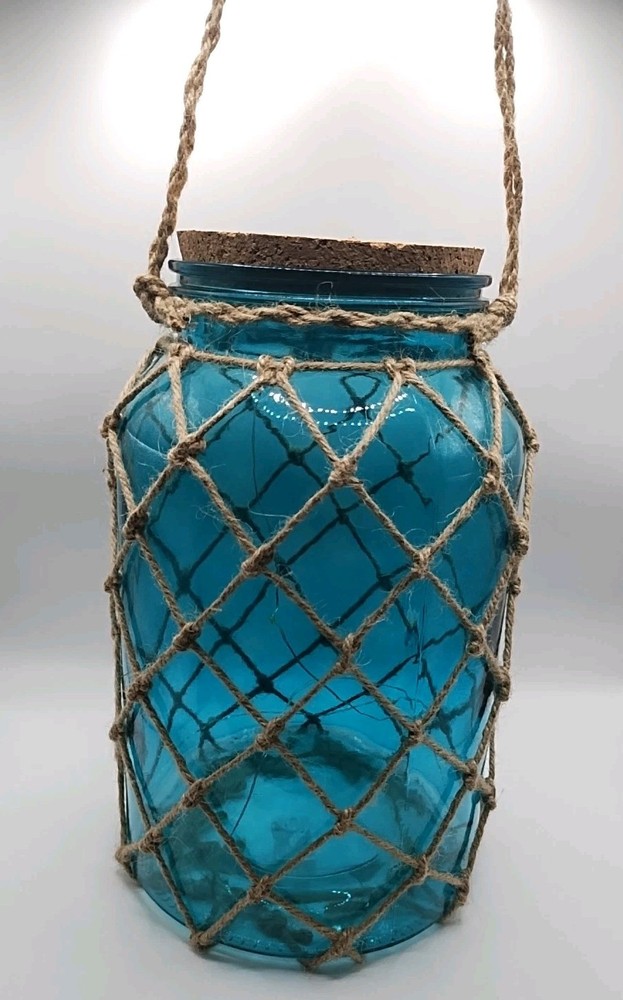 Blue Glass Jug with Rope Net for Flower Vase, Candle Holder for Home Decor, ...