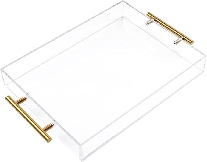 12x16 Inch Clear Acrylic Serving Tray with Golden Handles - Large Sturdy Capacity