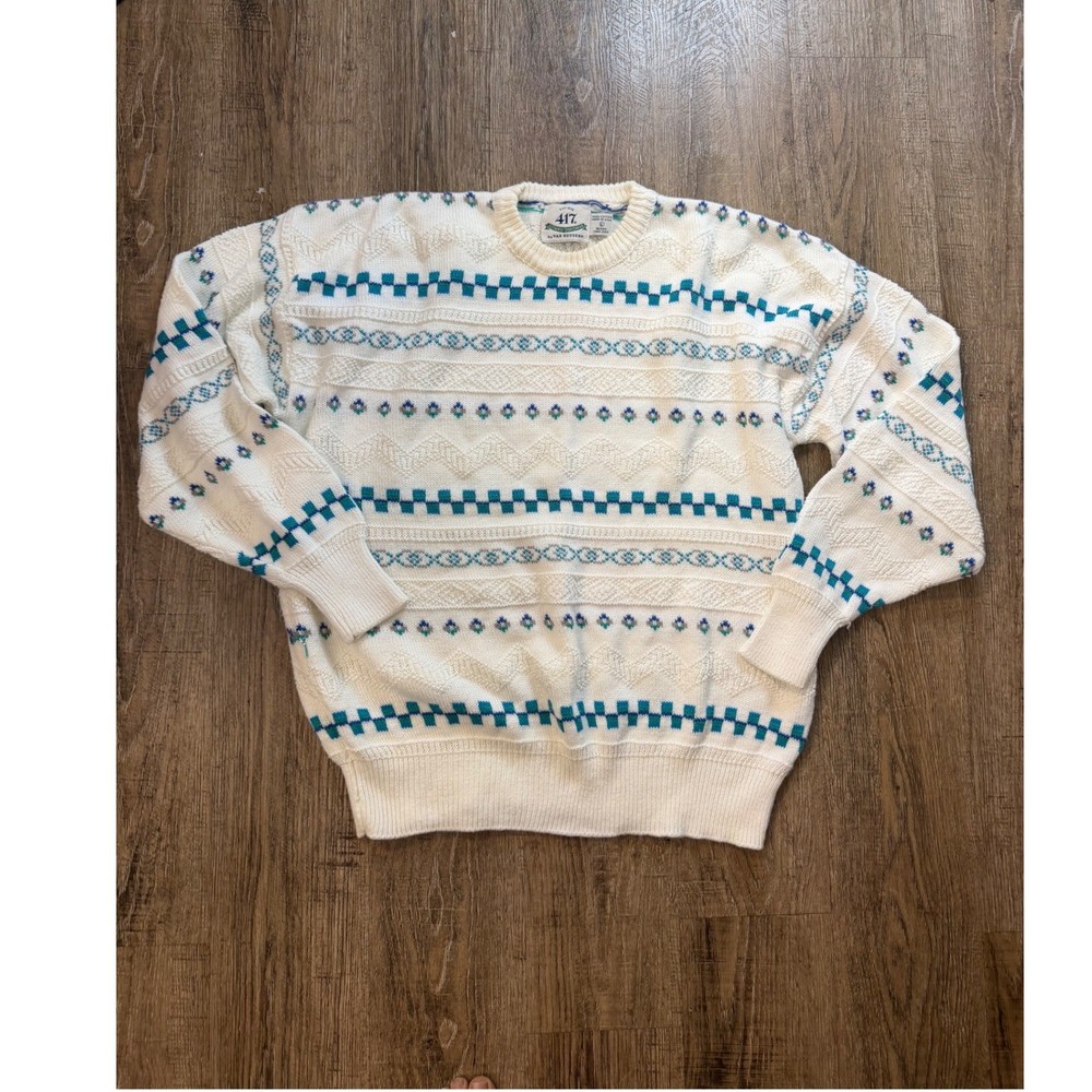 417 by Van Heusen Vintage 90s Knit Sweater Mens Large White Geometric Cotton USA