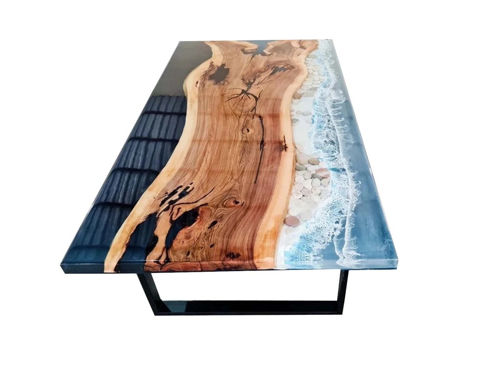 Epoxy Resin Ocean Wave Dining Table with Walnut Wood Counter Desk Decor